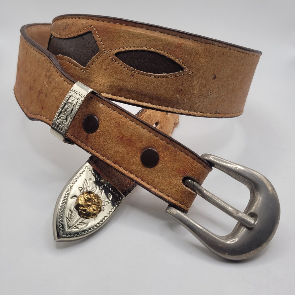 Vintage Justin Belt 30 Tan Leather Western Tooled Silver Gold Tip Rodeo Cowgirl